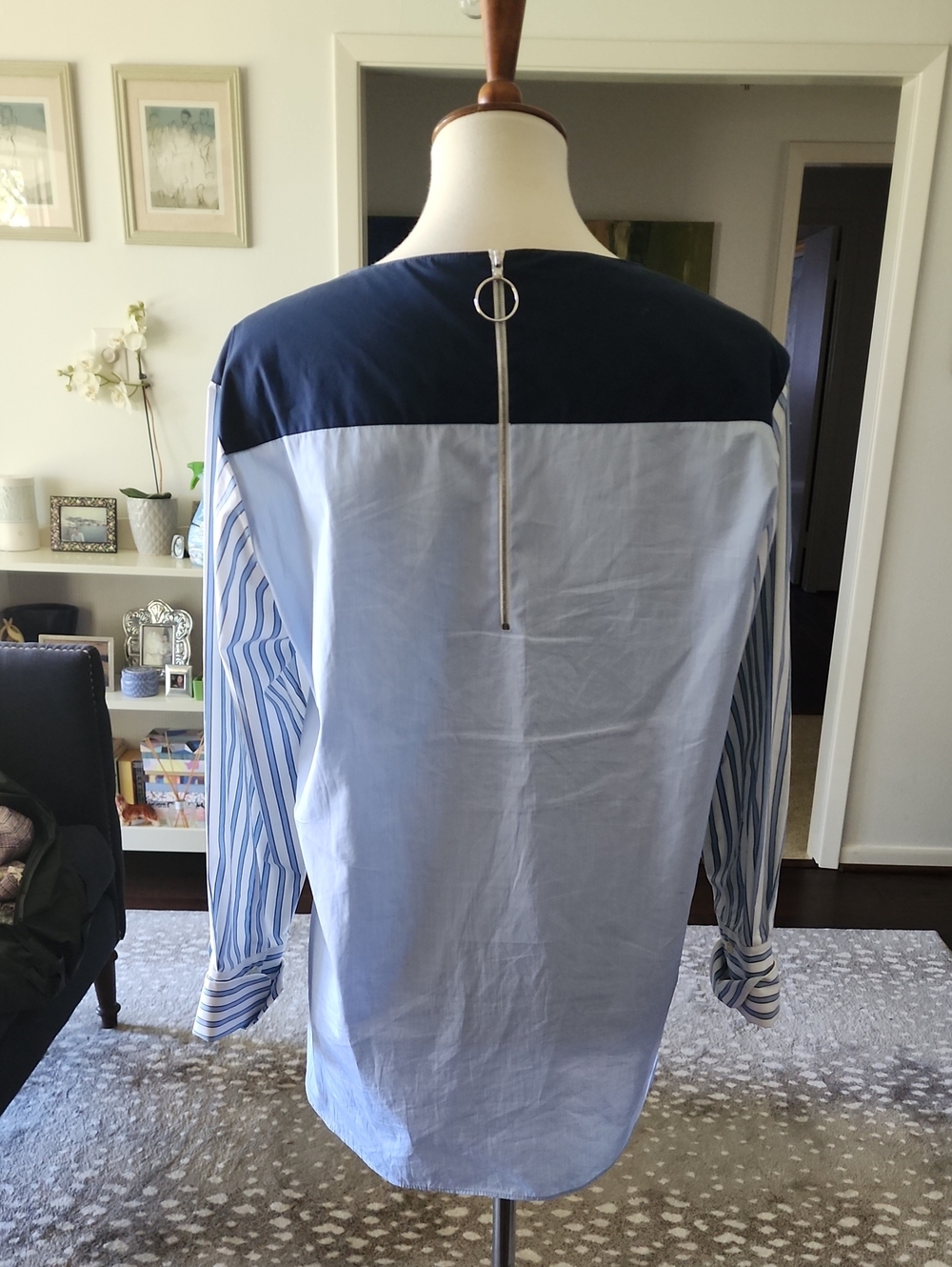 Akris Punto Colorblock Chambray & Navy Shirt with Striped Sleeves